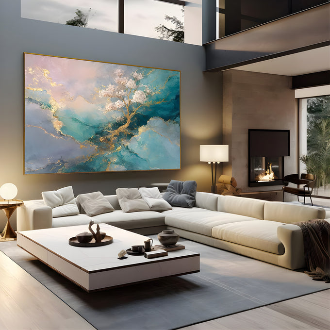 Árvore dourada com flores rosa sobre mármore abstrato azul turquesa com veios de ouro, quadro decorativo