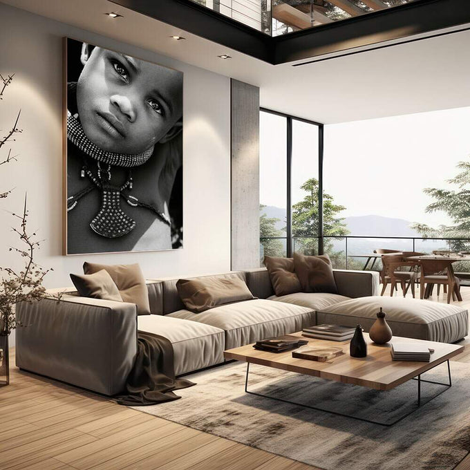 Quadro Decorativo Retrato Infantil Emocionante | quadros decorativos | Retrato infantil em preto e branco com adornos metalizados no pescoço e olhar intenso. | em Quadros para Escritorio | Porao dos Quadros