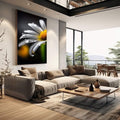 Quadro Decorativo Margarida Radiante | quadros decorativos | Margarida com pétalas brancas e centro amarelo coberto por gotas de orvalho sobre fundo preto | em Quadros para Escritorio | Porao dos Quadros