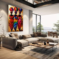 Quadro Decorativo Feminino Cultura Africana | quadros decorativos | Três mulheres africanas em silhueta com vestes e lanternas vermelhas, azuis e laranja vibrantes. | em Quadros para Escritorio | Porao dos Quadros