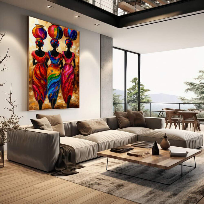 Quadro Decorativo Feminino Cultura Africana | quadros decorativos | Três mulheres africanas em silhueta com vestes e lanternas vermelhas, azuis e laranja vibrantes. | em Quadros para Escritorio | Porao dos Quadros