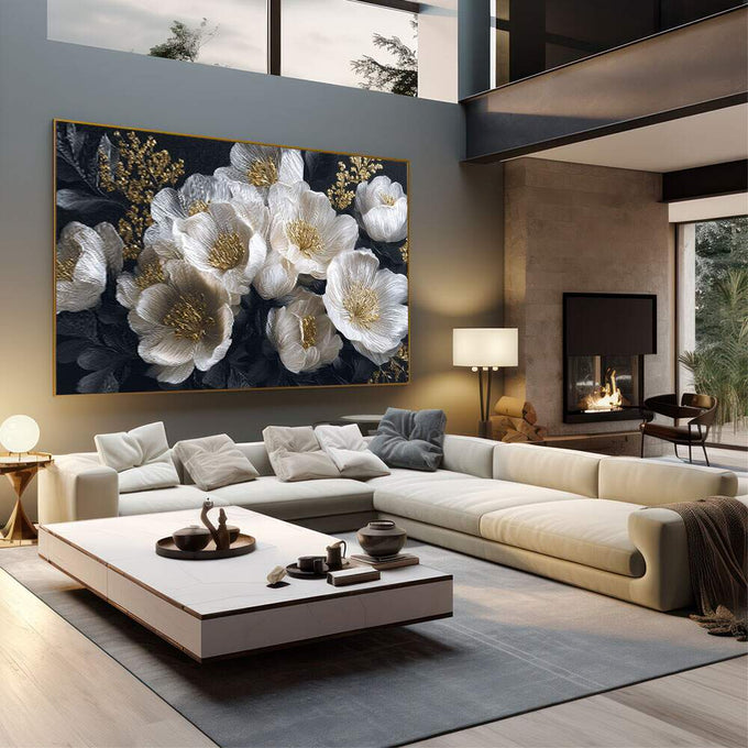 Quadro Decorativo Elegância Floral Dourada | quadros decorativos | Flores brancas e douradas em textura realista contra fundo preto profundo | em Quadros para Escritorio | Porao dos Quadros