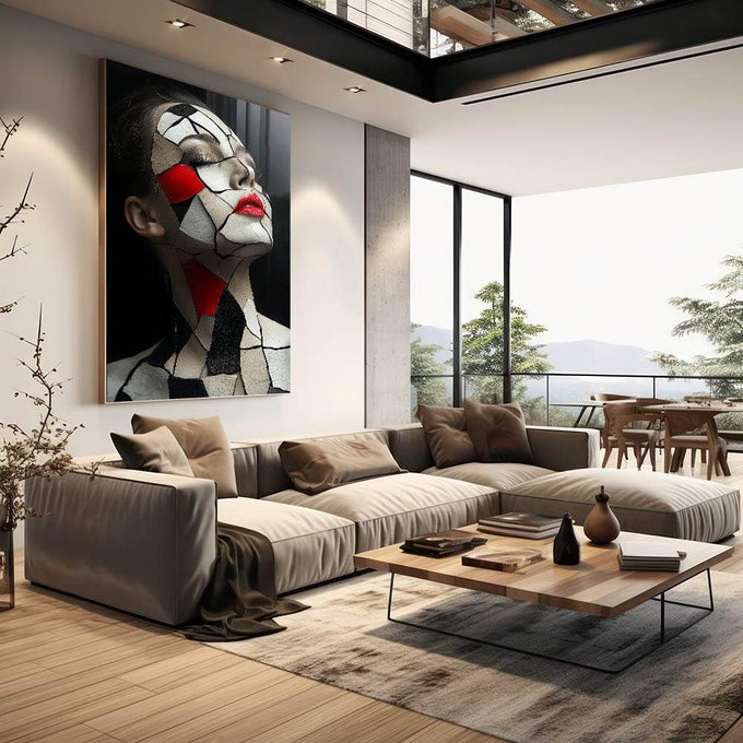 Mosaico da Alma: Quadro Feminino em Fragmentos | quadros decorativos | Rosto geométrico de perfil em tons cinza com detalhes vermelhos vibrantes nos olhos e boca | em Quadros para Escritorio | Porao dos Quadros
