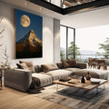 Quadro Decorativo Majestade da Lua e Montanha | quadros decorativos | Lua cheia dourada acima de montanha rochosa em tons ocre, céu azul noturno profundo. | em Quadros para Escritorio | Porao dos Quadros