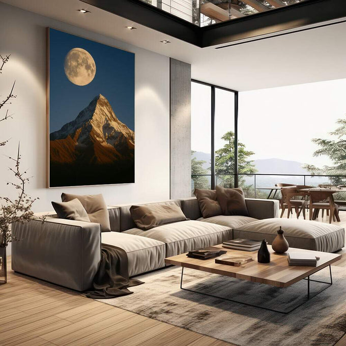 Quadro Decorativo Majestade da Lua e Montanha | quadros decorativos | Lua cheia dourada acima de montanha rochosa em tons ocre, céu azul noturno profundo. | em Quadros para Escritorio | Porao dos Quadros