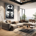 Quadro Decorativo Carro Esportivo em Movimento | quadros decorativos | Mustang branco com faixas pretas em visão superior com contraste marcante | em Quadros para Escritorio | Porao dos Quadros