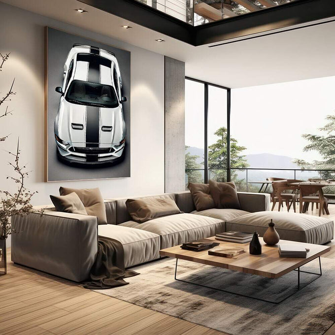 Quadro Decorativo Carro Esportivo em Movimento | quadros decorativos | Mustang branco com faixas pretas em visão superior com contraste marcante | em Quadros para Escritorio | Porao dos Quadros