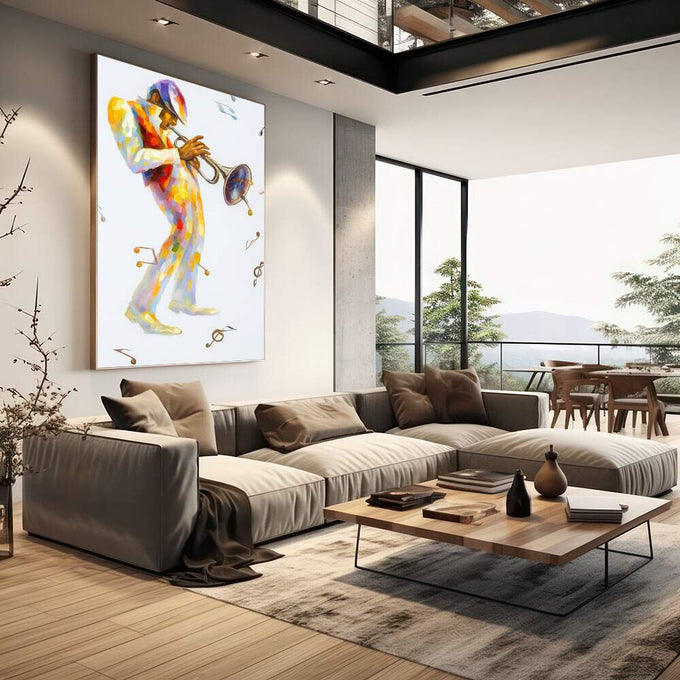 Quadro Decorativo Músico Vibrante em Ação | quadros decorativos | Músico colorido em aquarela tocando trompete com notas musicais flutuando ao redor | em Quadros para Escritorio | Porao dos Quadros