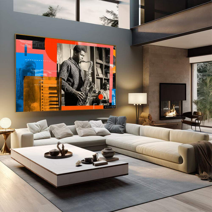 Quadro Decorativo Essência do Jazz Vibrante | quadros decorativos | Saxofonista em preto e branco com formas geométricas abstratas em laranja, azul e vermelho ao fundo | em Quadros para Escritorio | Porao dos Quadros