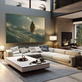 Quadro Decorativo: Caminho Sobre as Águas | quadros decorativos | Figura solitária em tempestade de nuvens douradas e cinza com luz celestial envolvente | em Quadros para Escritorio | Porao dos Quadros
