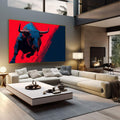Quadro Decorativo do Touro Moderno | quadros decorativos | Touro azul em movimento dinâmico sobre fundo vermelho intenso em estilo pop art. | em Quadros para Escritorio | Porao dos Quadros