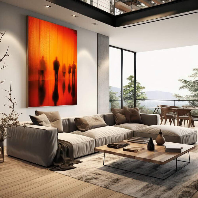 Quadro Decorativo: Movimento e Emoção | quadros decorativos | Silhuetas humanas em tons de vermelho e laranja com degradê luminoso e textura de linhas verticais | em Quadros para Escritorio | Porao dos Quadros