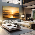 Quadro Decorativo Pôr do Sol com Serenidade | quadros decorativos | Pôr do sol dourado na praia com ondas e brilho refletido na areia molhada. | em Quadros para Escritorio | Porao dos Quadros