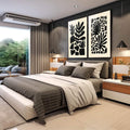 Quadro Decorativo Elegância Natural | quadros decorativos | Duas telas com folhas abstratas em silhuetas pretas sobre fundo bege, composição minimalista e contemporânea. | em Quadros para Escritorio | Porao dos Quadros