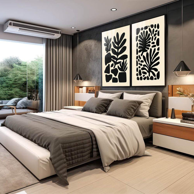 Quadro Decorativo Elegância Natural | quadros decorativos | Duas telas com folhas abstratas em silhuetas pretas sobre fundo bege, composição minimalista e contemporânea. | em Quadros para Escritorio | Porao dos Quadros