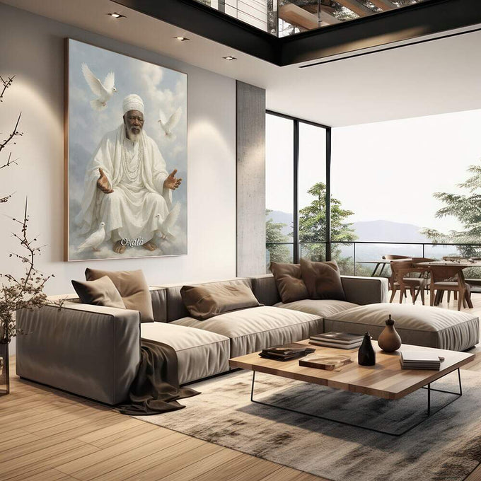 Quadro Decorativo Orixá Oxalá: Serenidade Divina | quadros decorativos | Sábio em vestes brancas com pombas em voo contra céu nublado em tons suaves. | em Quadros para Escritorio | Porao dos Quadros