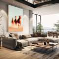 Quadro Decorativo Cavalo em Movimento | quadros decorativos | Três cavalos galopando no deserto com borrão de movimento em tons laranja e dourado ao pôr do sol. | em Quadros para Escritorio | Porao dos Quadros