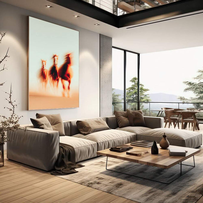 Quadro Decorativo Cavalo em Movimento | quadros decorativos | Três cavalos galopando no deserto com borrão de movimento em tons laranja e dourado ao pôr do sol. | em Quadros para Escritorio | Porao dos Quadros