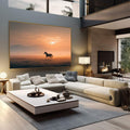 Quadro Decorativo Cavalo em Liberdade Plena | quadros decorativos | Cavalo em silhueta ao pôr do sol dourado em campo com névoa matinal e composição poética | em Quadros para Escritorio | Porao dos Quadros