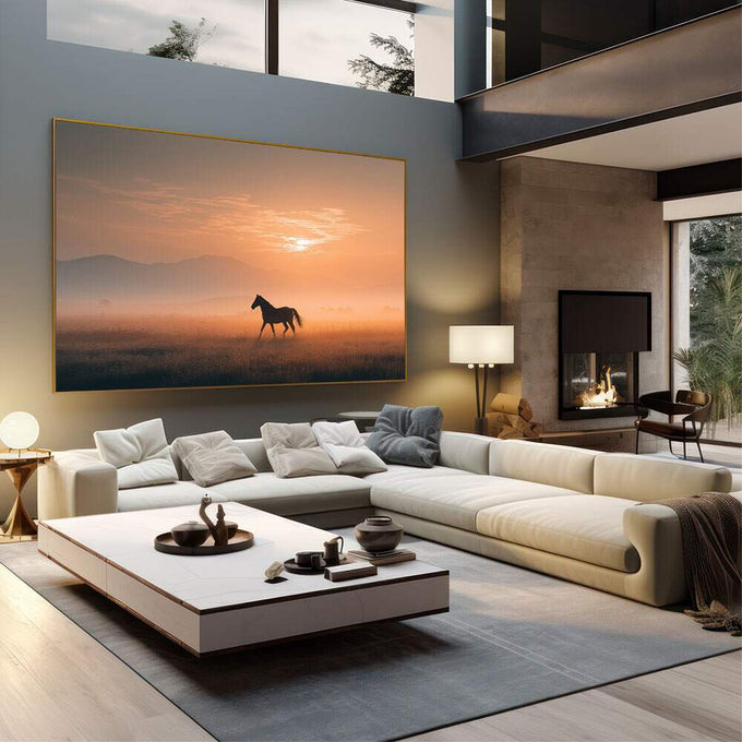 Quadro Decorativo Cavalo em Liberdade Plena | quadros decorativos | Cavalo em silhueta ao pôr do sol dourado em campo com névoa matinal e composição poética | em Quadros para Escritorio | Porao dos Quadros