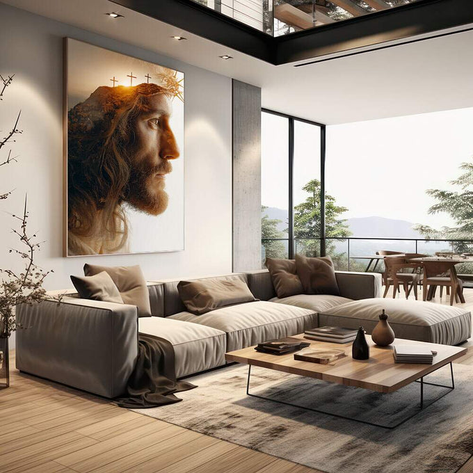 Quadro Decorativo Serenidade e Fé | quadros decorativos | Cristo com coroa de espinhos em perfil com montanhas douradas e cruzes em composição espiritual contemplativa. | em Quadros para Escritorio | Porao dos Quadros