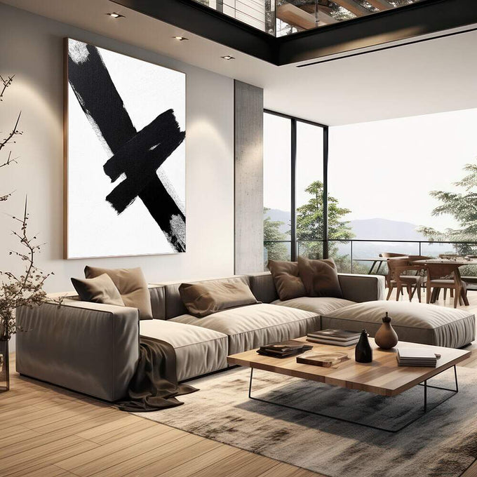 Quadro Decorativo Pincelada em Preto e Branco | quadros decorativos | X em traços pretos e cinzentos sobre fundo branco com composição abstrata expressiva. | em Quadros para Escritorio | Porao dos Quadros