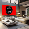 Boca aberta com lábios pretos e dentes brancos sobre fundo vermelho em estilo pop art, quadro decorativo