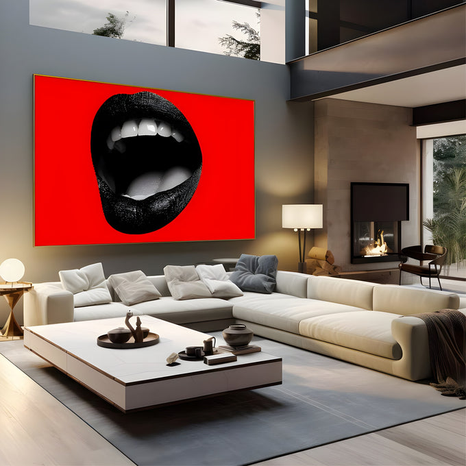Boca aberta com lábios pretos e dentes brancos sobre fundo vermelho em estilo pop art, quadro decorativo
