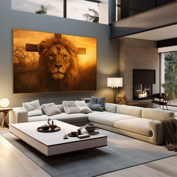 Quadro Decorativo Leão Majestoso | quadros decorativos | Leão dourado majestoso com cruz ao fundo em pôr do sol quente. | em Quadros para Escritorio | Porao dos Quadros