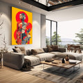 Dança de Cores: Quadro Abstrato Feminino | quadros decorativos | Mulher oriental em vermelho com círculos geométricos em fundo amarelo ouro, composição moderna e vibrante | em Quadros para Escritorio | Porao dos Quadros