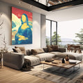 Quadro Decorativo - Mona Lisa Moderna | quadros decorativos | Mona Lisa em Pop Art com tons azuis profundos, amarelos vibrantes e detalhes em salmão em composição clássica reinterpretada. | em Quadros para Escritorio | Porao dos Quadros