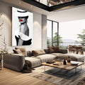Quadro Decorativo Elegância Feminina | quadros decorativos | Mulher sofisticada em preto e branco com chapéu geométrico branco e lábios vermelhos vibrantes | em Quadros para Escritorio | Porao dos Quadros