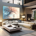 Quadro Decorativo Caminho da Serenidade | quadros decorativos | Mulher em branco caminhando em direção a árvore sakura rosa e bege com floresta azul ao fundo | em Quadros para Escritorio | Porao dos Quadros