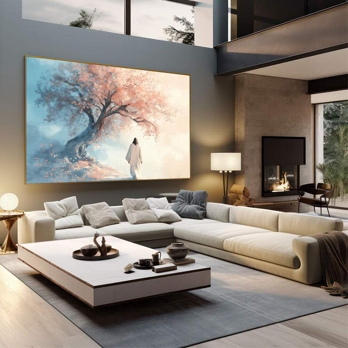 Quadro Decorativo Caminho da Serenidade | quadros decorativos | Mulher em branco caminhando em direção a árvore sakura rosa e bege com floresta azul ao fundo | em Quadros para Escritorio | Porao dos Quadros