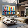 Veleiros com velas vermelhas, azuis e amarelas refletidos na água em pintura texturizada, quadro decorativo
