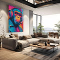 Chimpanzé pop art neon azul e rosa com fones, óculos aviador e charuto, quadro decorativo