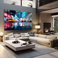 Quadro Decorativo Noite Vibrante | quadros decorativos | Cidade noturna com luzes néon em rosa, azul e dourado refletidas na água com bokeh desfocado. | em Quadros para Escritorio | Porao dos Quadros