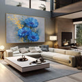 Quadro Decorativo Flores Azuis Elegantes | quadros decorativos | Três gerberas azuis vibrantes com efeito de partículas douradas dispersas em fundo cinzento | em Quadros para Escritorio | Porao dos Quadros