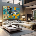 Quadro Decorativo Socialismo e Riqueza | quadros decorativos | Personagem preto com moedas douradas sobre fundo azul com padrões e símbolos geométricos. | em Quadros para Escritorio | Porao dos Quadros