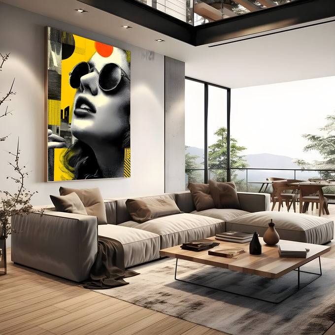 Retrato de mulher com óculos redondos em pontilhado preto e branco sobre fundo amarelo, quadro decorativo
