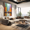 Quadro Decorativo Cidade em Movimento | quadros decorativos | Cena de rua chuvosa com guarda-chuvas em cores vibrantes e edifícios de metrópole ao fundo. | em Quadros para Escritorio | Porao dos Quadros