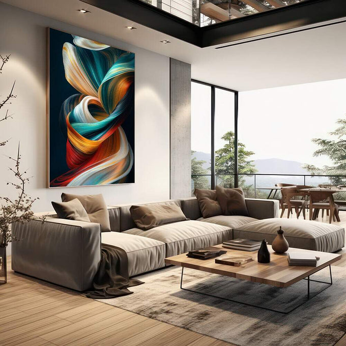Quadro Decorativo Espiral de Cores | quadros decorativos | Formas abstratas em azul, laranja e vermelho fluem em composição dinâmica e sofisticada | em Quadros para Escritorio | Porao dos Quadros