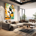 Quadro Decorativo Feminino Sereno e Vibrante | quadros decorativos | Mulher africana com turbante laranja e verde em silhueta preta com brinco dourado. | em Quadros para Escritorio | Porao dos Quadros