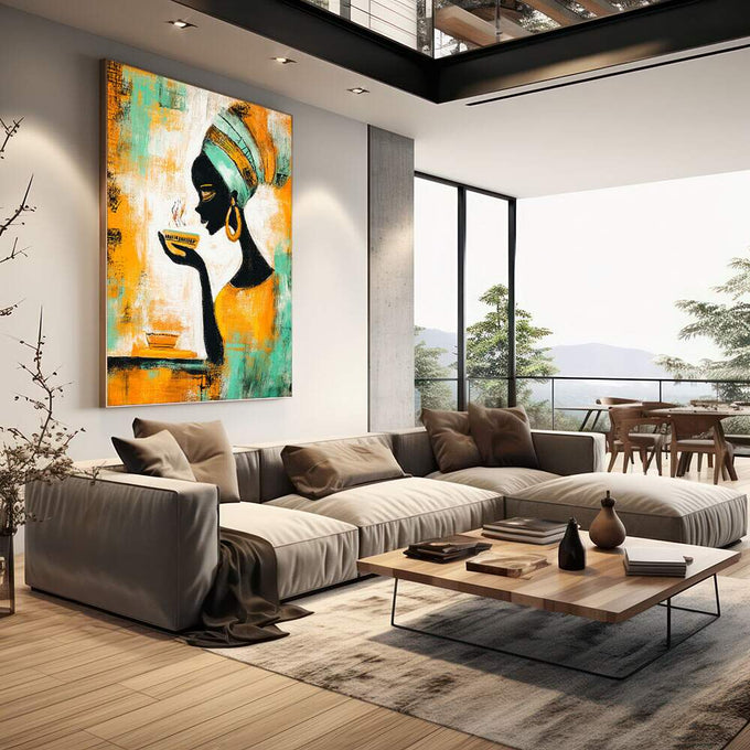 Quadro Decorativo Feminino Sereno e Vibrante | quadros decorativos | Mulher africana com turbante laranja e verde em silhueta preta com brinco dourado. | em Quadros para Escritorio | Porao dos Quadros