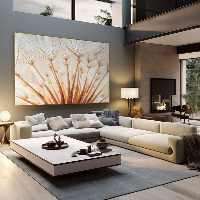 Quadro Decorativo Serenidade Floral Sofisticada | quadros decorativos | Dente-de-leão em tons bege e laranja com estrutura filiforme em close botânico delicado | em Quadros para Escritorio | Porao dos Quadros