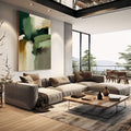 Quadro Decorativo Serene Verde Abstrato | quadros decorativos | Pintura abstrata em verde, dourado e bege com gestos dinâmicos e composição fluida | em Quadros para Escritorio | Porao dos Quadros