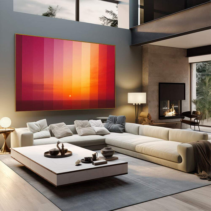 Quadro Decorativo Pôr do Sol Vibrante | quadros decorativos | Pôr do sol em degradê de magenta, rosa, laranja e amarelo com círculo solar central | em Quadros para Escritorio | Porao dos Quadros