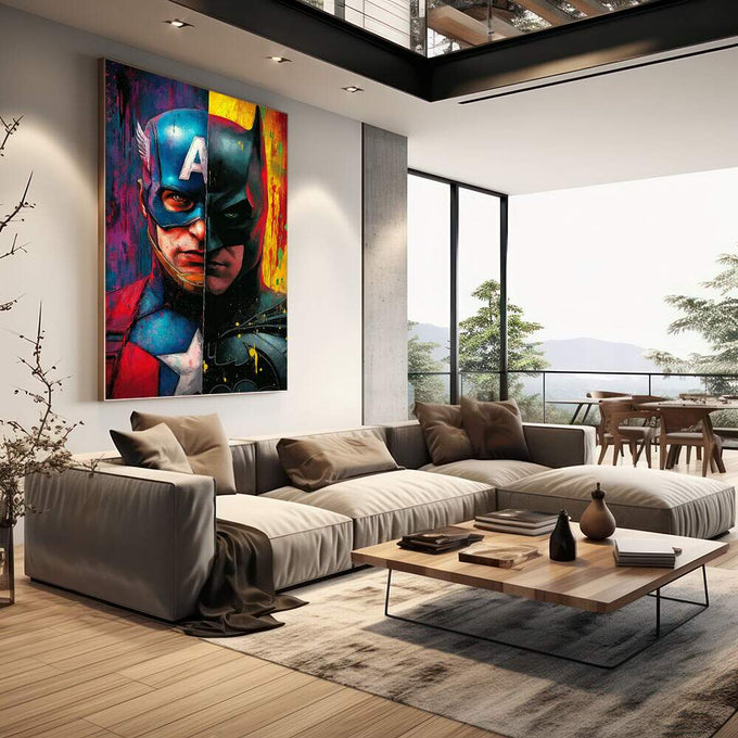Quadro Decorativo Heróis em Dupla Dinâmica | quadros decorativos | Dois superhérois em contraste — um em vermelho e amarelo vibrante, outro em azul e preto sombrio. | em Quadros para Escritorio | Porao dos Quadros