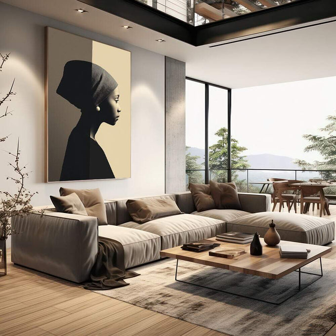 Quadro Decorativo Silhueta Elegante: Feminino | quadros decorativos | Silhueta de mulher em perfil com cabeça envolvida em tecido, preto e branco com tom creme. | em Quadros para Escritorio | Porao dos Quadros