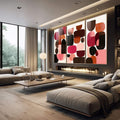 Quadro Decorativo Três Painéis Abstrato | quadros decorativos | Composição abstrata com formas geométricas em rosa, laranja, marrom e preto sobre fundo claro | em Quadros para Escritorio | Porao dos Quadros